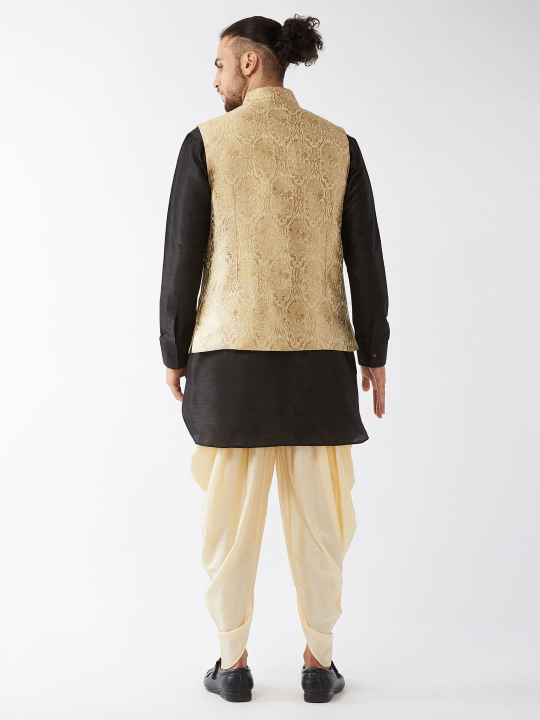 Sarvati Men's Rose Gold Banarasi Jacket With Black Silk Kurta and Gold Dhoti Set