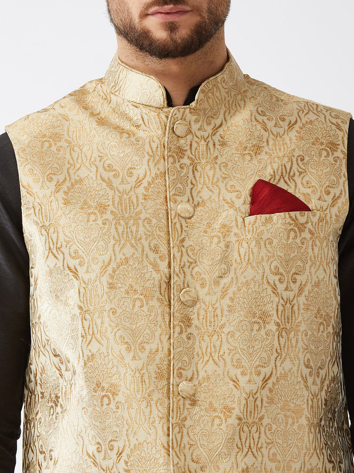 Sarvati Men's Rose Gold Banarasi Jacket With Black Silk Kurta and Gold Dhoti Set