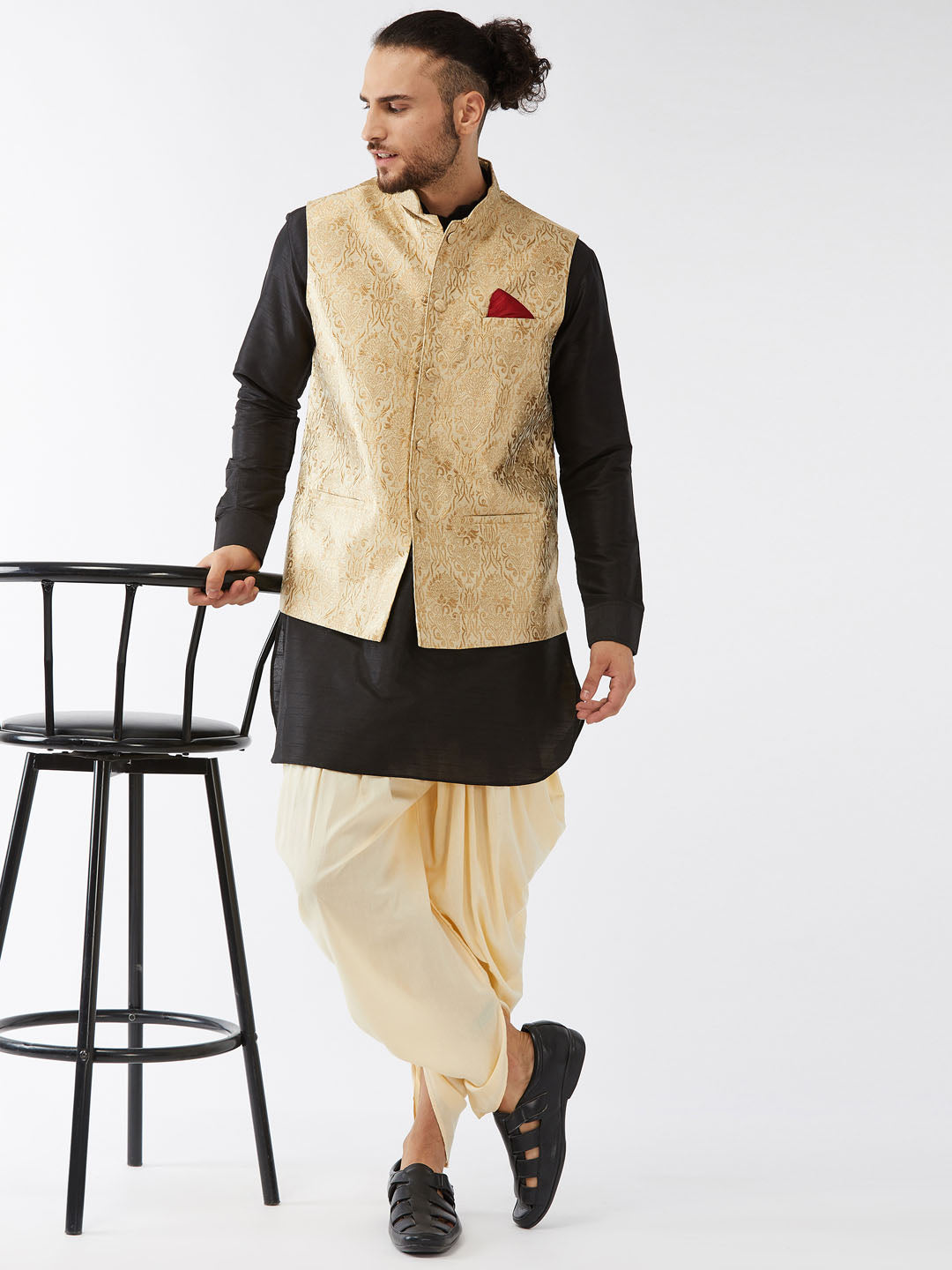 Sarvati Men's Rose Gold Banarasi Jacket With Black Silk Kurta and Gold Dhoti Set