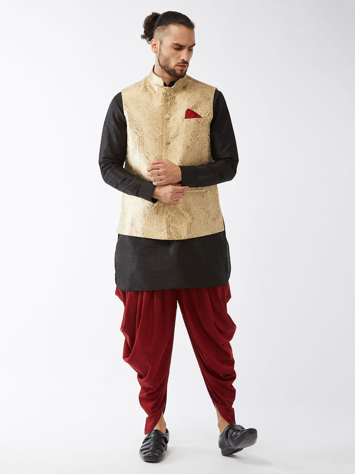 Sarvati Men's Rose Gold Jacquard Jacket With Kurta Dhoti Set