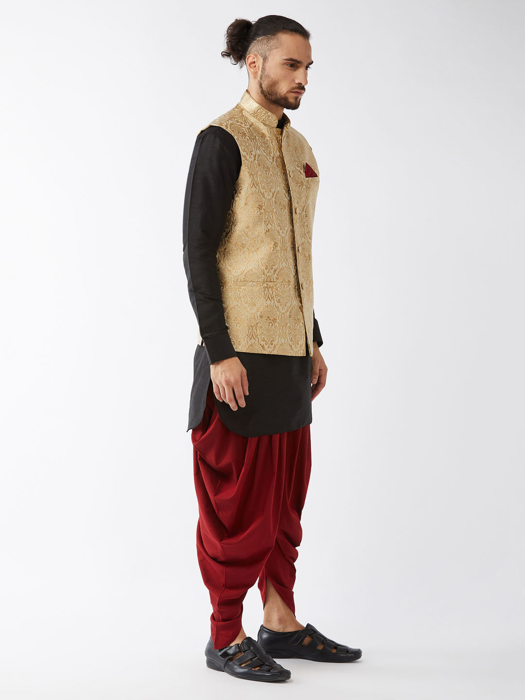 Sarvati Men's Rose Gold Jacquard Jacket With Kurta Dhoti Set