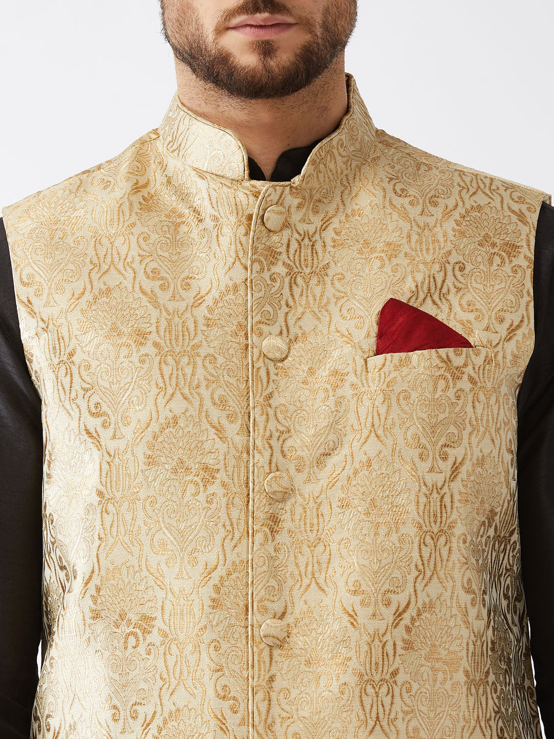 Sarvati Men's Rose Gold Jacquard Jacket With Kurta Dhoti Set