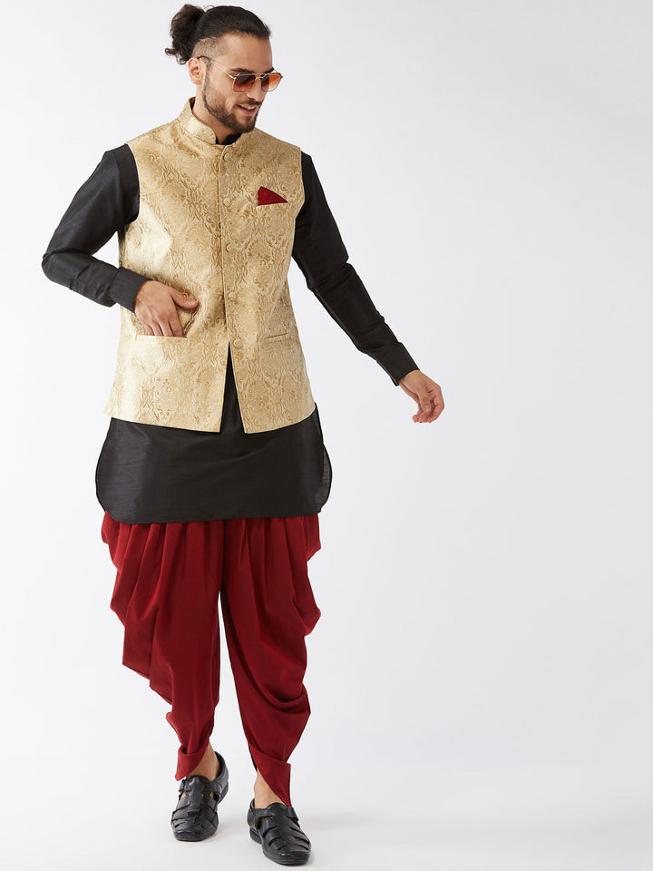 Sarvati Men's Rose Gold Jacquard Jacket With Kurta Dhoti Set