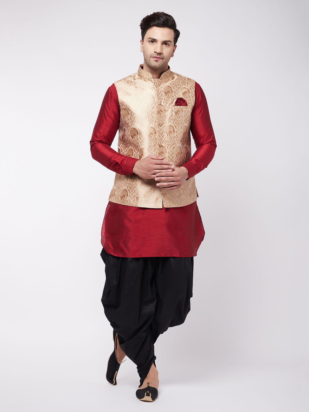 Sarvati Men's Rose Gold Jacquard Jacket With Kurta Dhoti Set