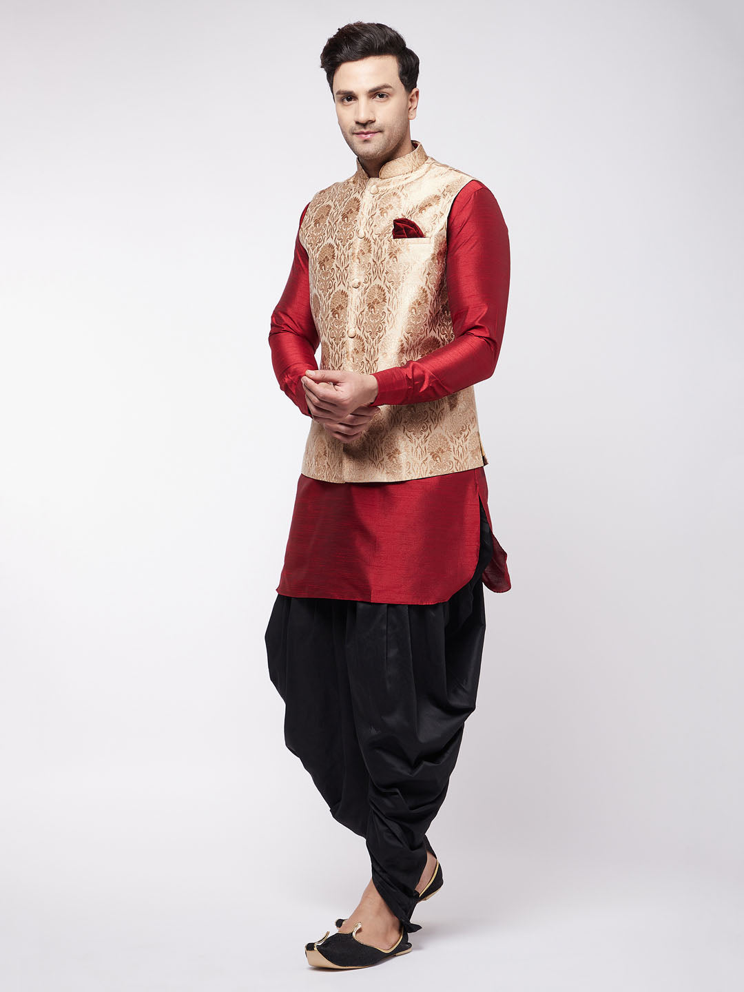 Sarvati Men's Rose Gold Jacquard Jacket With Kurta Dhoti Set