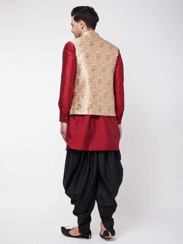 Sarvati Men's Rose Gold Jacquard Jacket With Kurta Dhoti Set