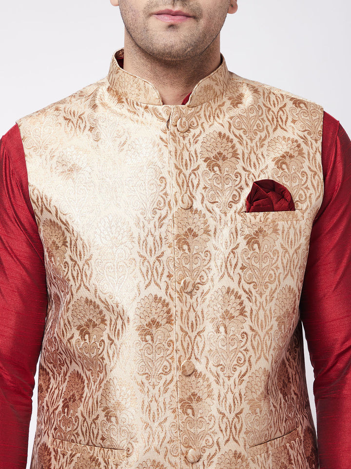 Sarvati Men's Rose Gold Jacquard Jacket With Kurta Dhoti Set