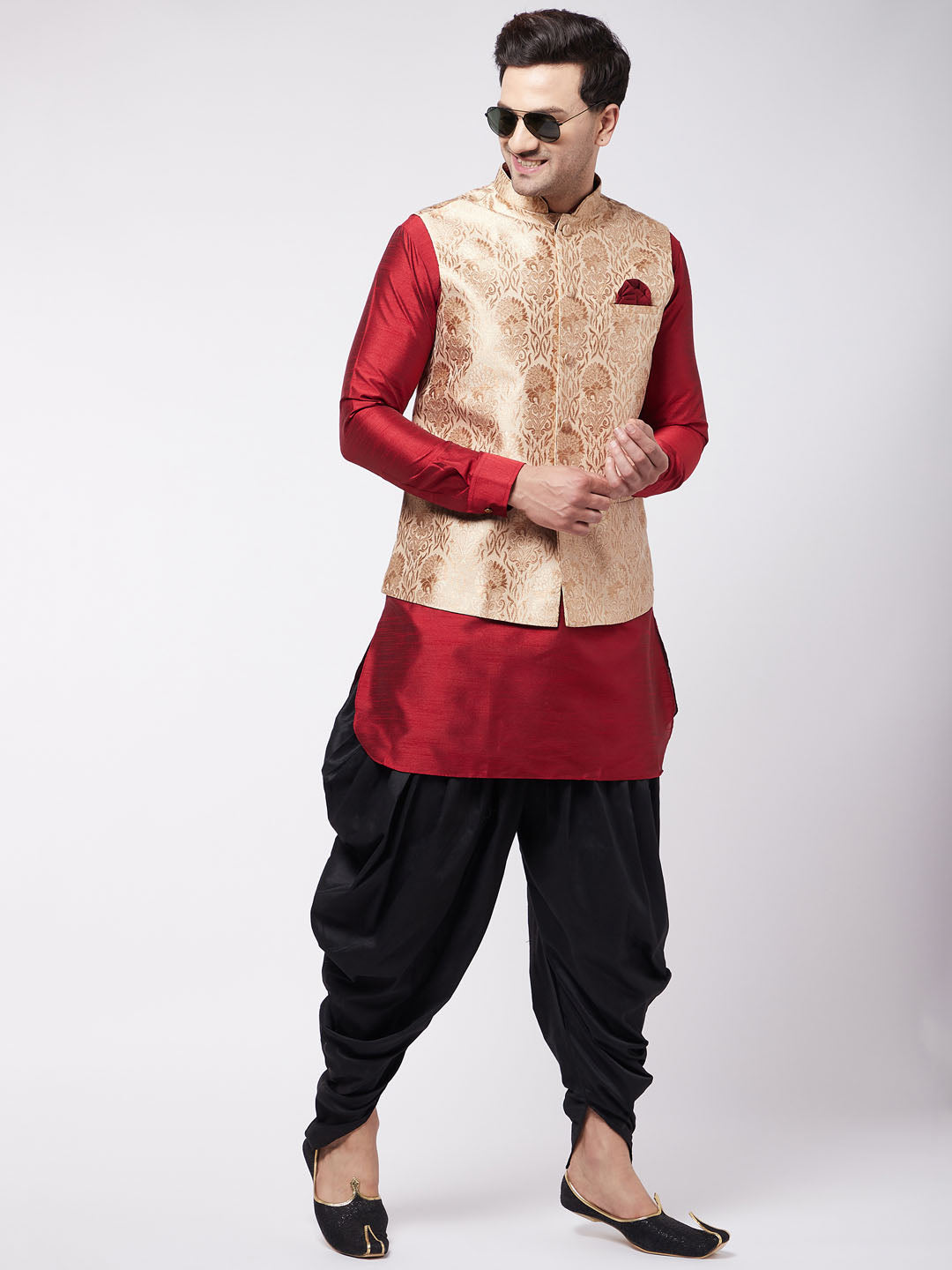 Sarvati Men's Rose Gold Jacquard Jacket With Kurta Dhoti Set