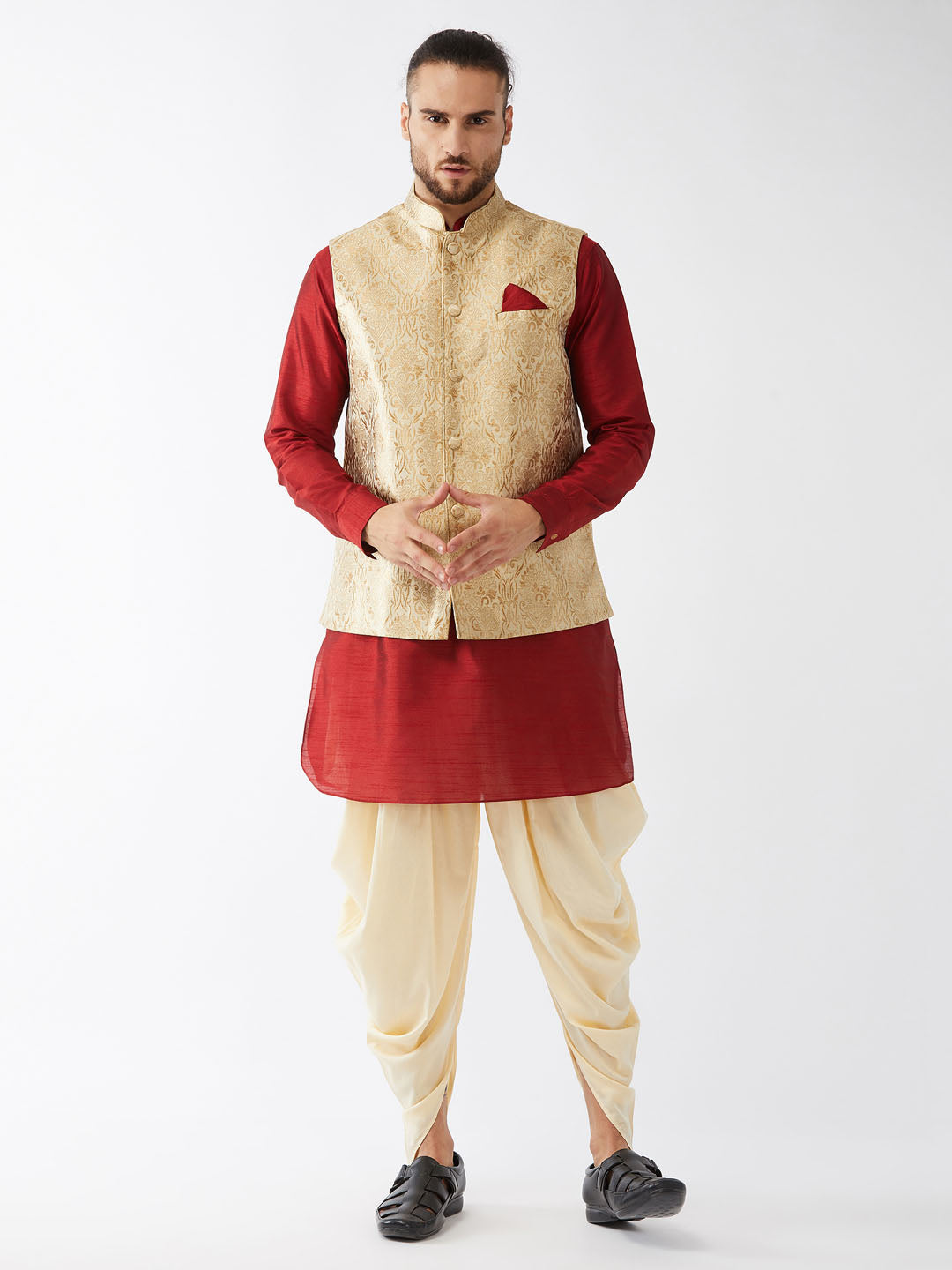 Sarvati Men's Rose Gold Jacquard Jacket With Kurta Dhoti Set