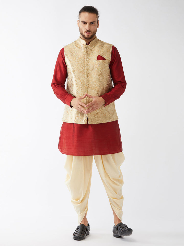 Sarvati Men's Rose Gold Jacquard Jacket With Kurta Dhoti Set