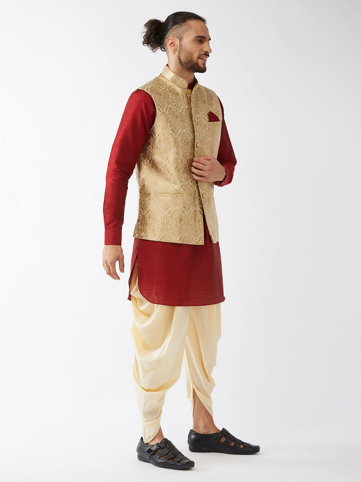 Sarvati Men's Rose Gold Jacquard Jacket With Kurta Dhoti Set