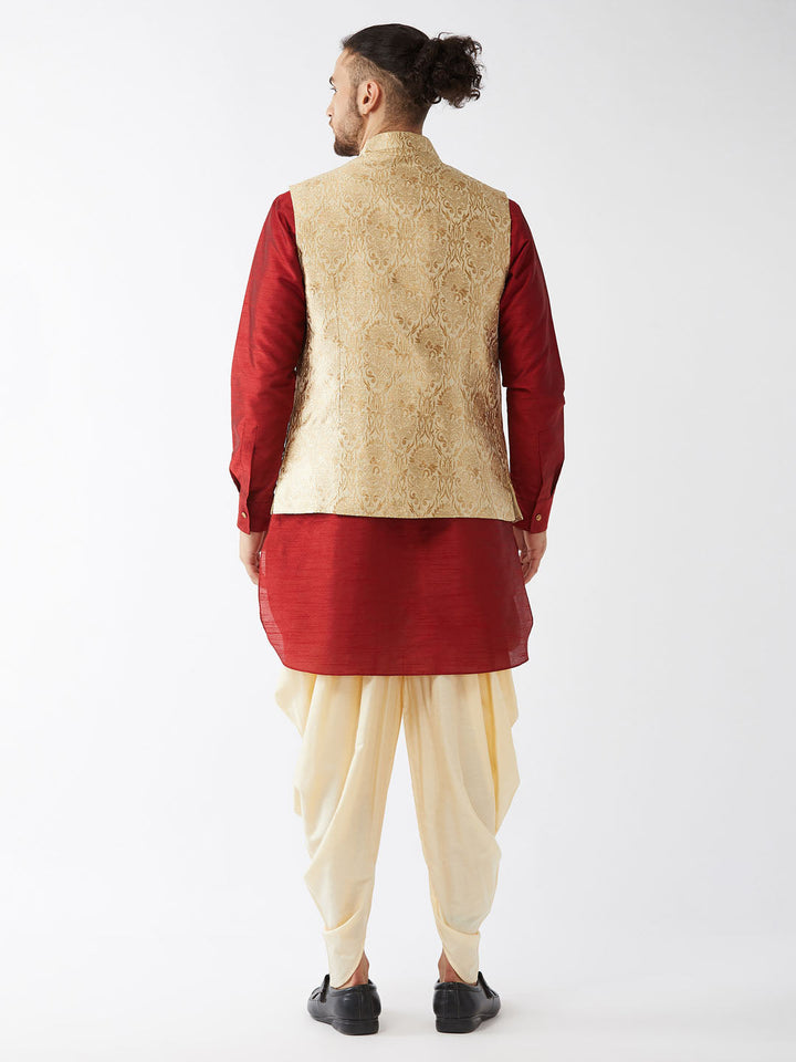 Sarvati Men's Rose Gold Jacquard Jacket With Kurta Dhoti Set