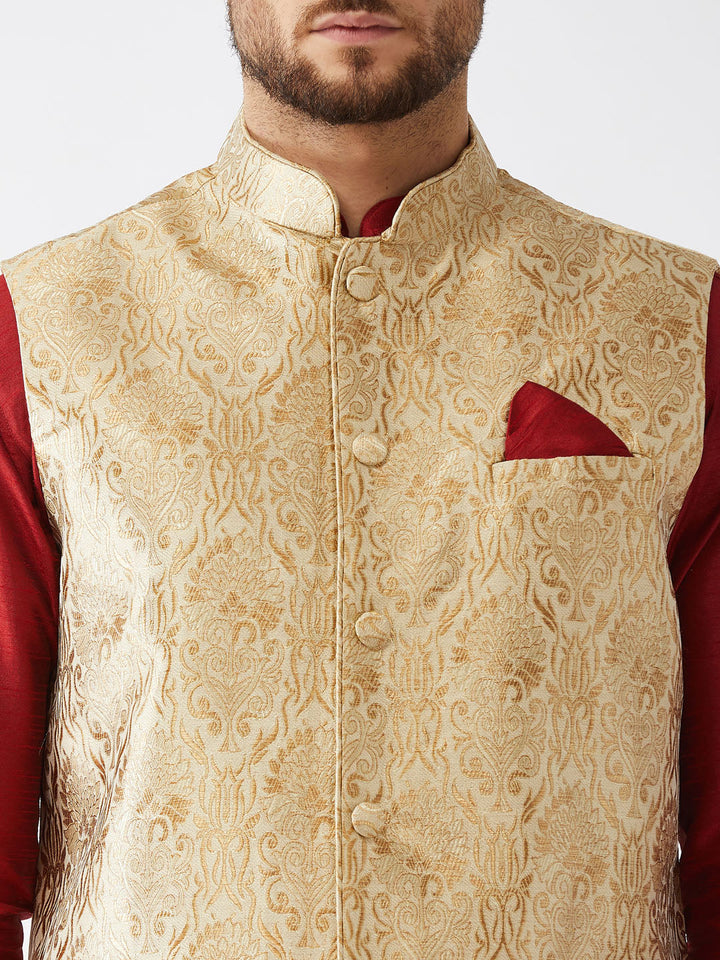 Sarvati Men's Rose Gold Jacquard Jacket With Kurta Dhoti Set