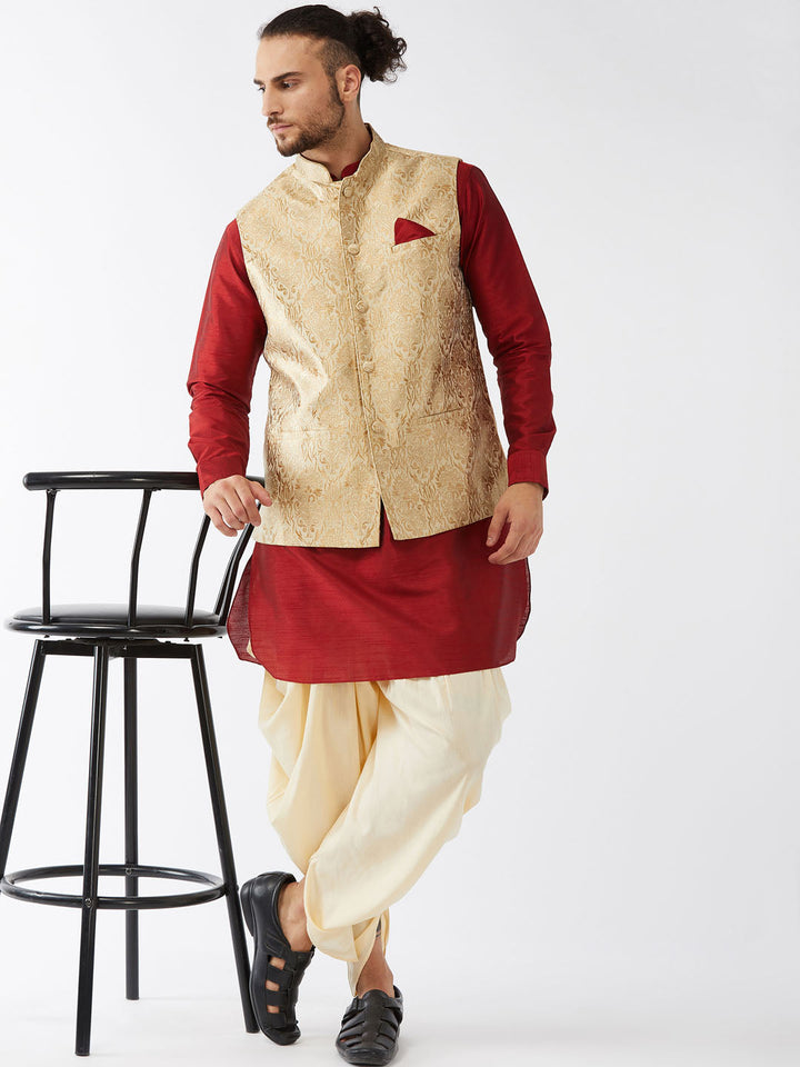 Sarvati Men's Rose Gold Jacquard Jacket With Kurta Dhoti Set