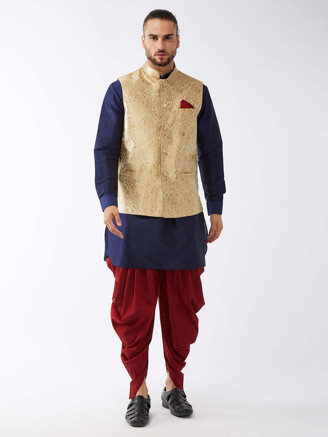 Sarvati Men's Rose Gold Jacquard Jacket With Kurta Dhoti Set