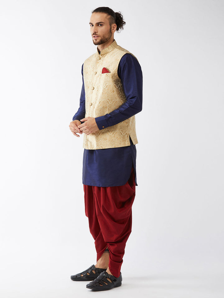 Sarvati Men's Rose Gold Jacquard Jacket With Kurta Dhoti Set