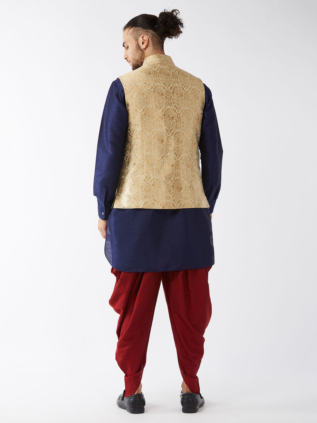 Sarvati Men's Rose Gold Jacquard Jacket With Kurta Dhoti Set