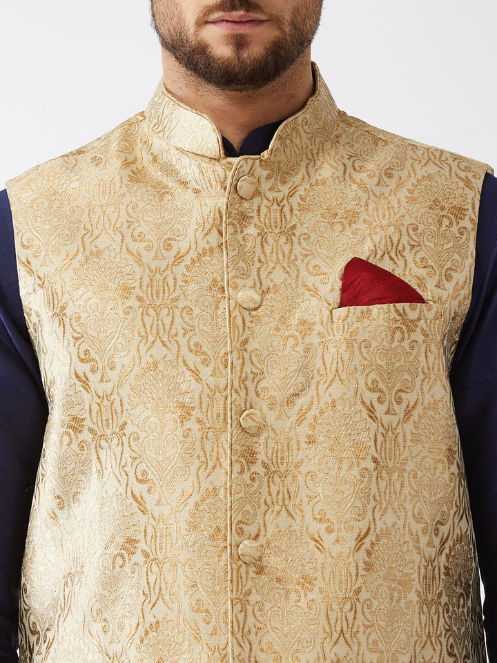 Sarvati Men's Rose Gold Jacquard Jacket With Kurta Dhoti Set