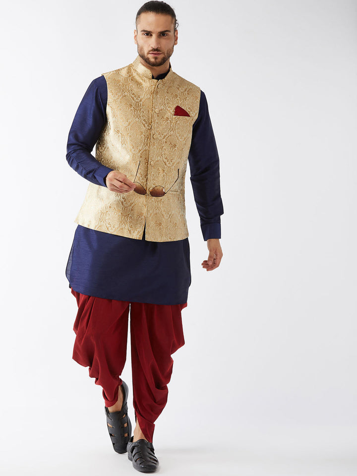 Sarvati Men's Rose Gold Jacquard Jacket With Kurta Dhoti Set