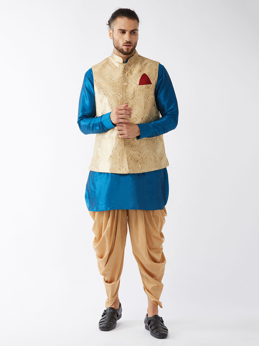 Sarvati Men's Rose Gold Jacquard Jacket With Kurta Dhoti Set