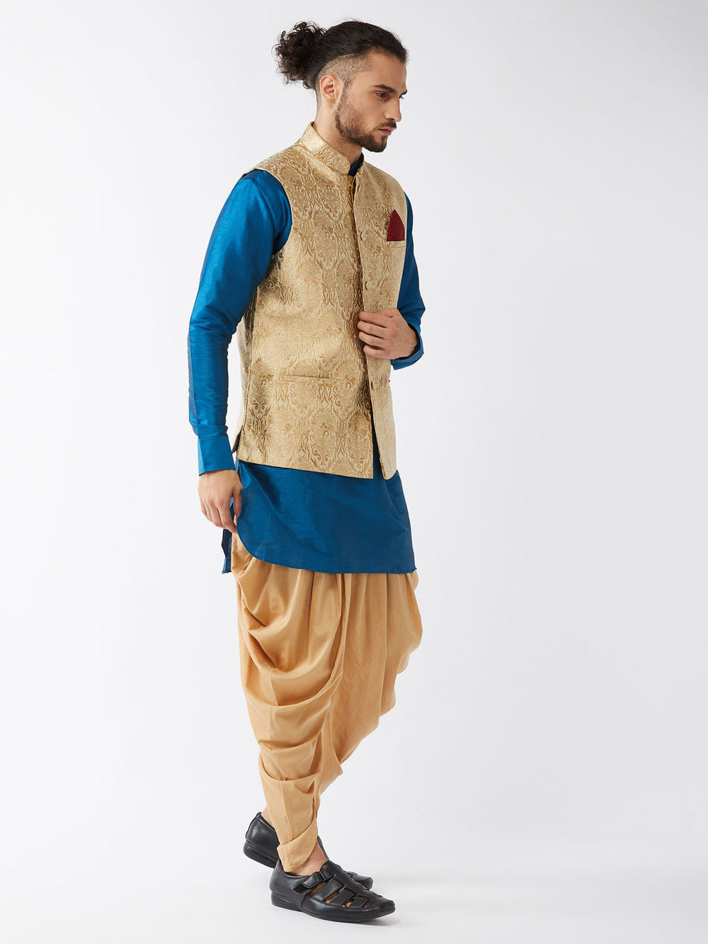 Sarvati Men's Rose Gold Jacquard Jacket With Kurta Dhoti Set