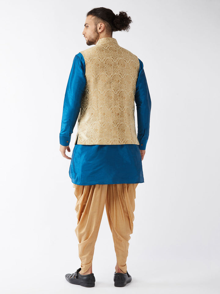 Sarvati Men's Rose Gold Jacquard Jacket With Kurta Dhoti Set