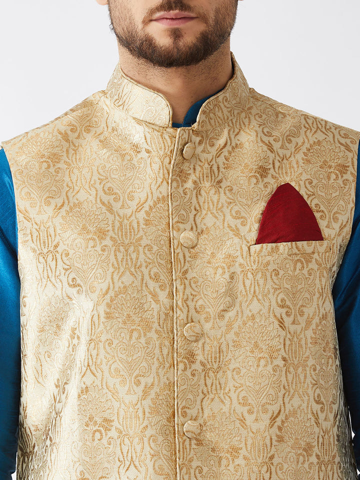 Sarvati Men's Rose Gold Jacquard Jacket With Kurta Dhoti Set