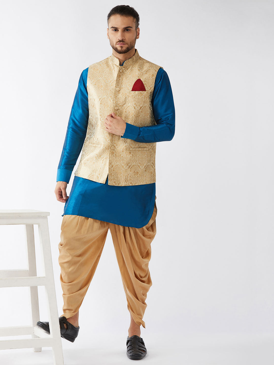 Sarvati Men's Rose Gold Jacquard Jacket With Kurta Dhoti Set