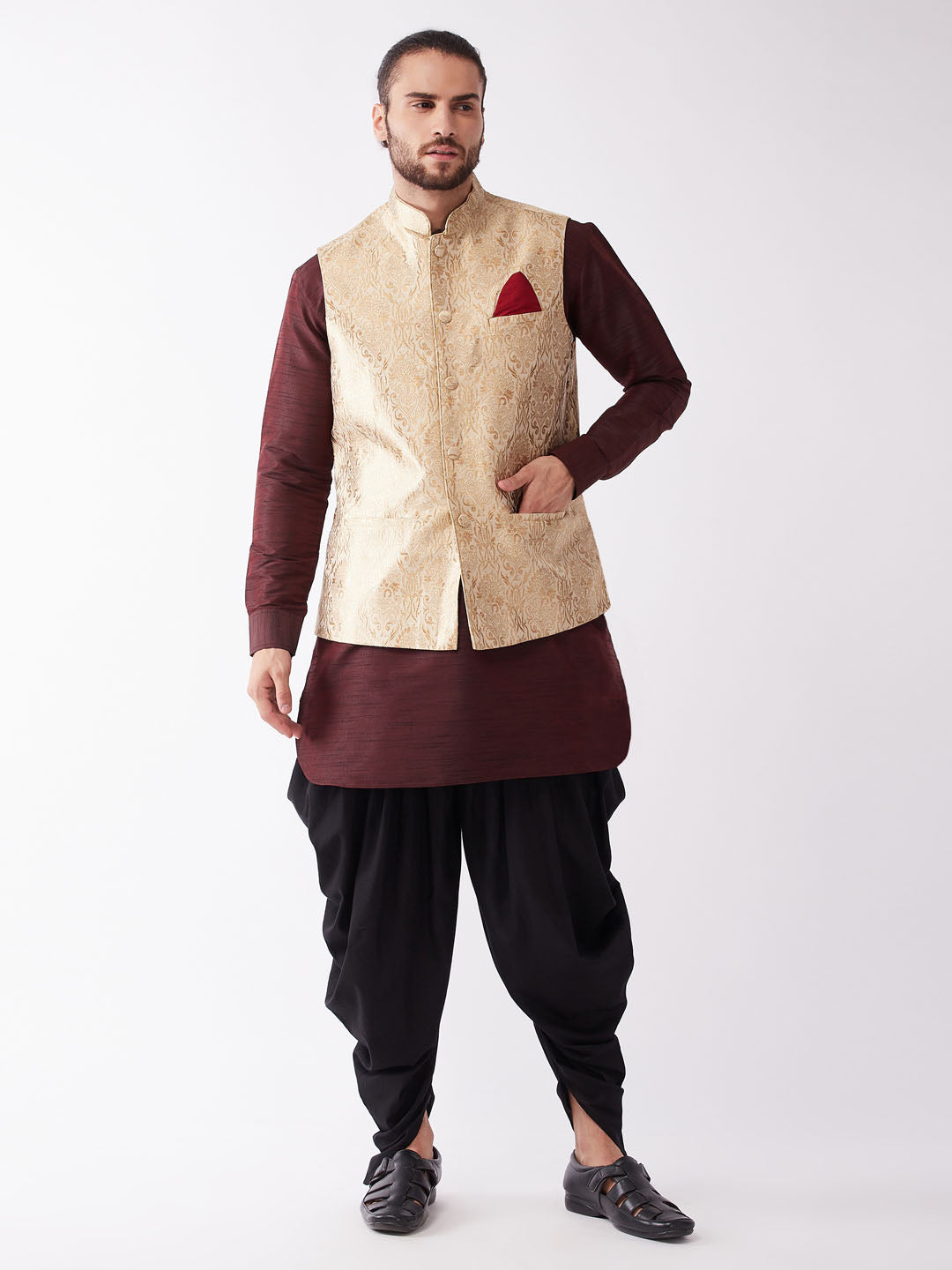 Sarvati Men's Gold Jacquard Jacket With Kurta Dhoti Set