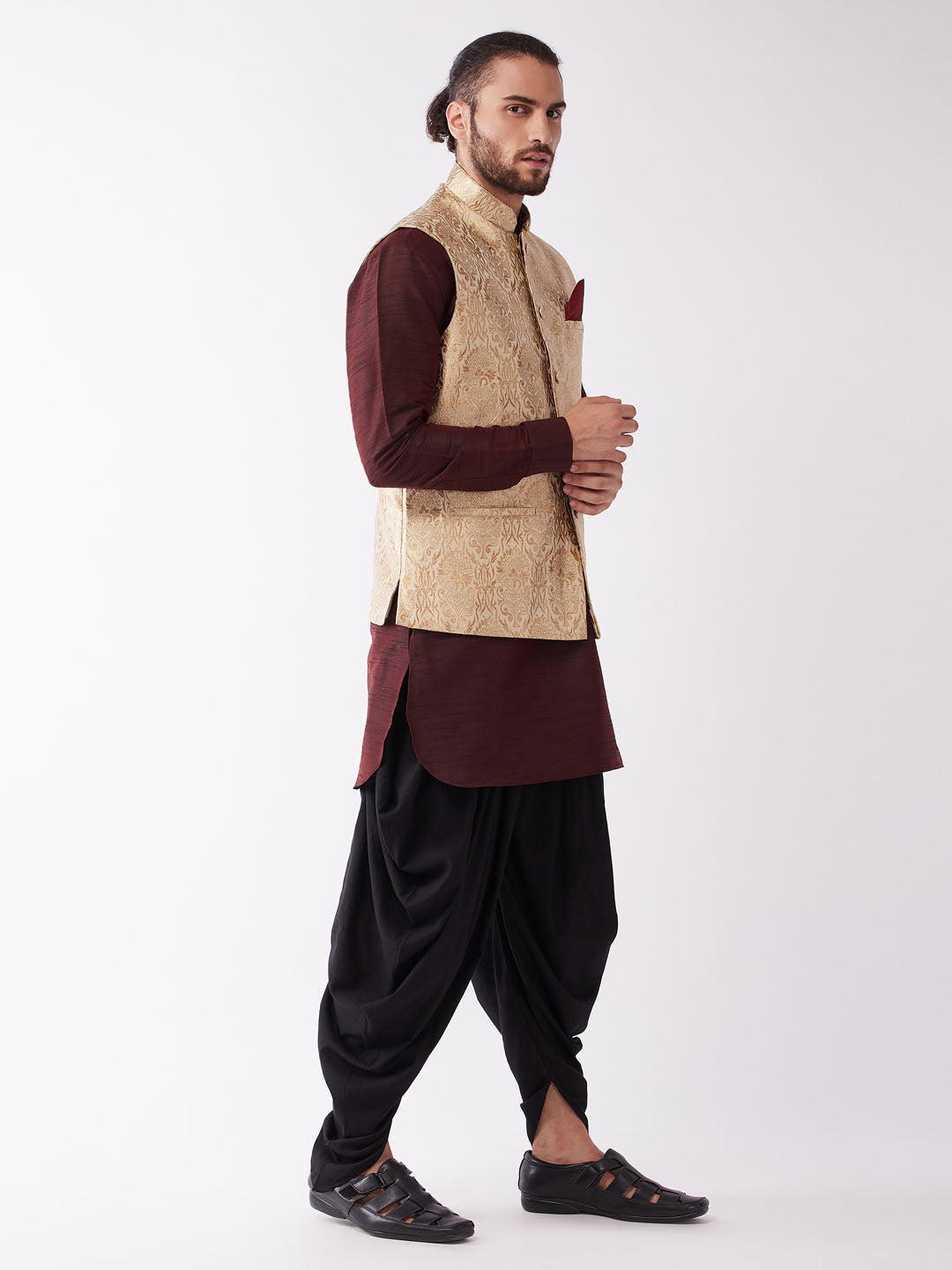 Sarvati Men's Gold Jacquard Jacket With Kurta Dhoti Set