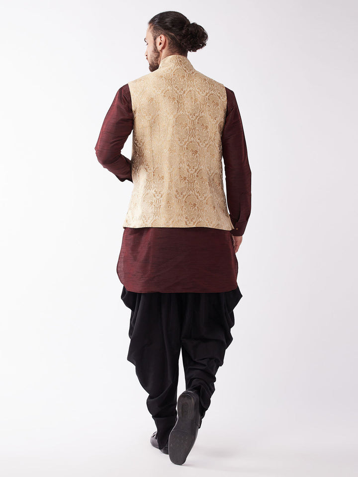 Sarvati Men's Gold Jacquard Jacket With Kurta Dhoti Set