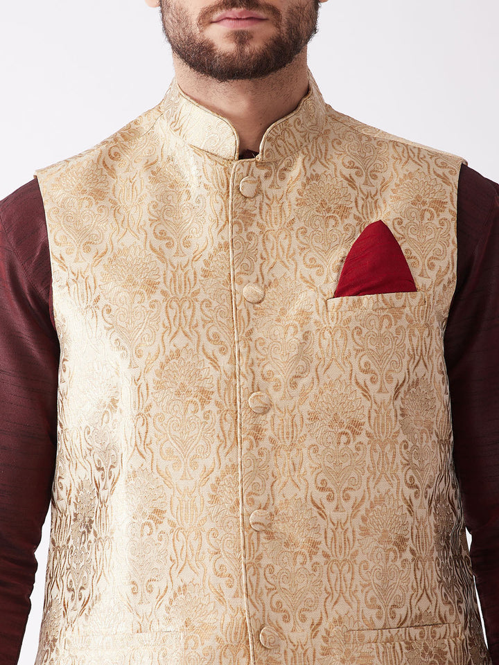 Sarvati Men's Gold Jacquard Jacket With Kurta Dhoti Set