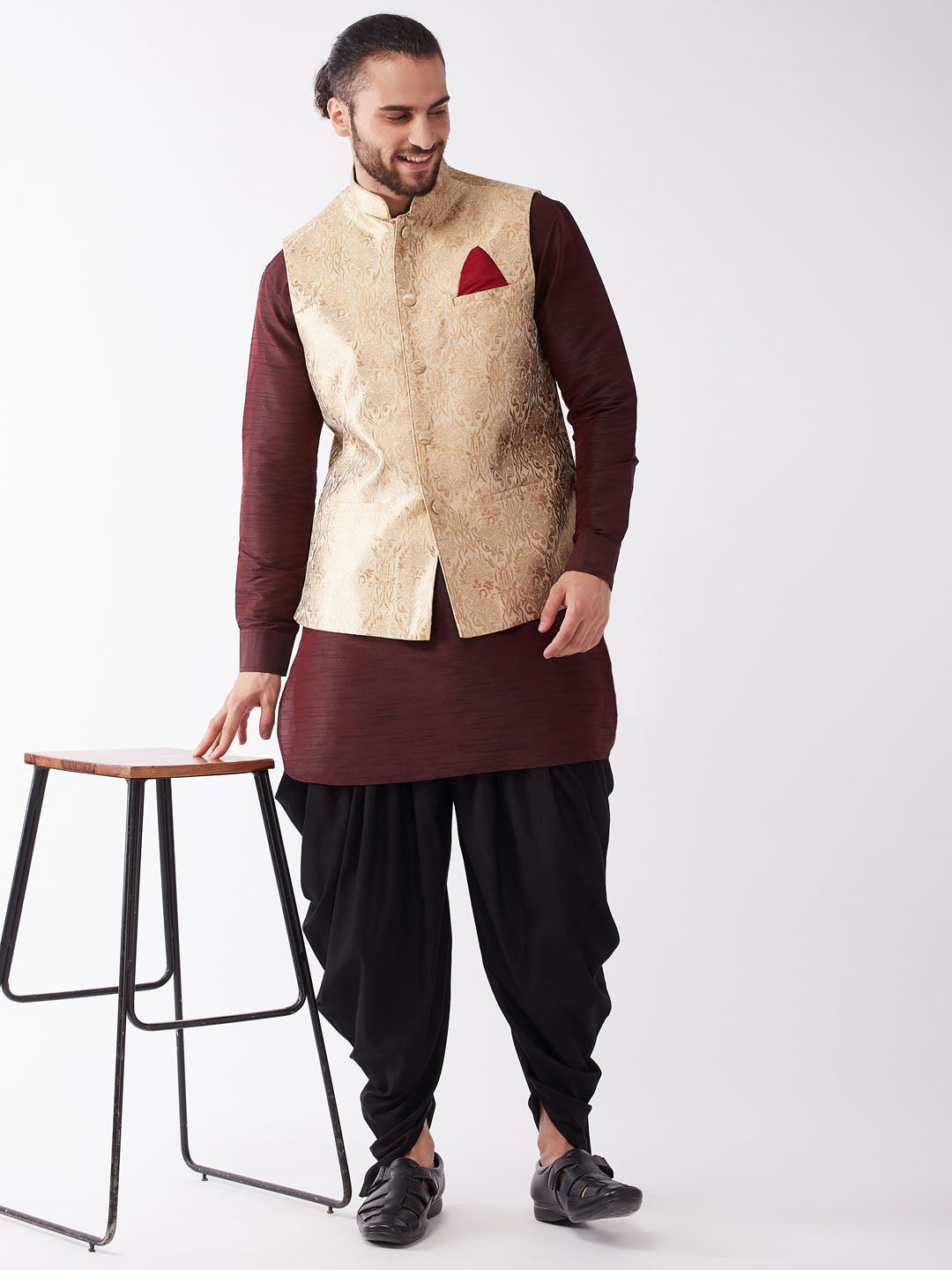 Sarvati Men's Gold Jacquard Jacket With Kurta Dhoti Set