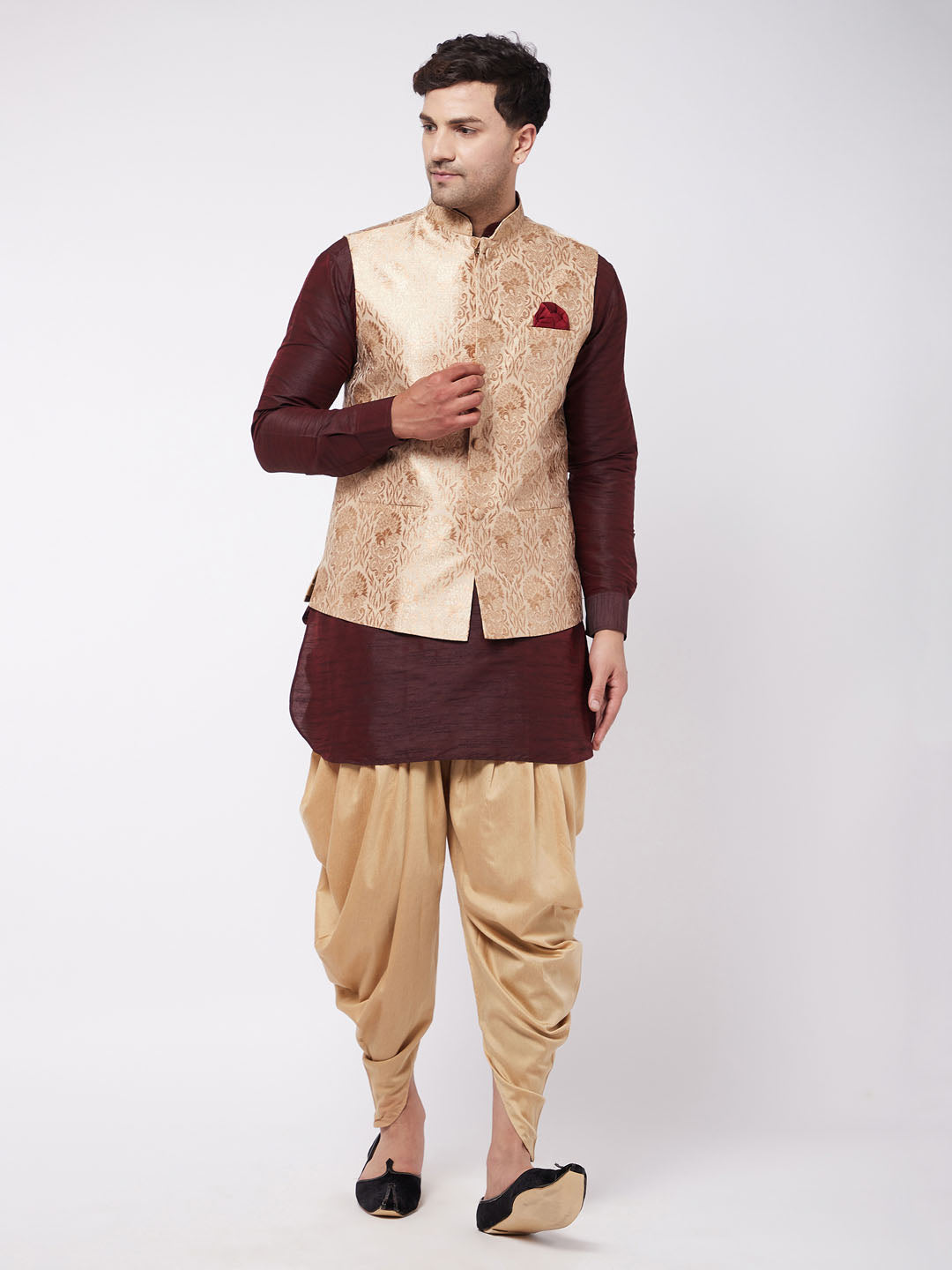 Sarvati Men's Rose Gold Jacquard Jacket With Kurta Dhoti Set