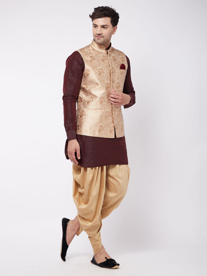 Sarvati Men's Rose Gold Jacquard Jacket With Kurta Dhoti Set