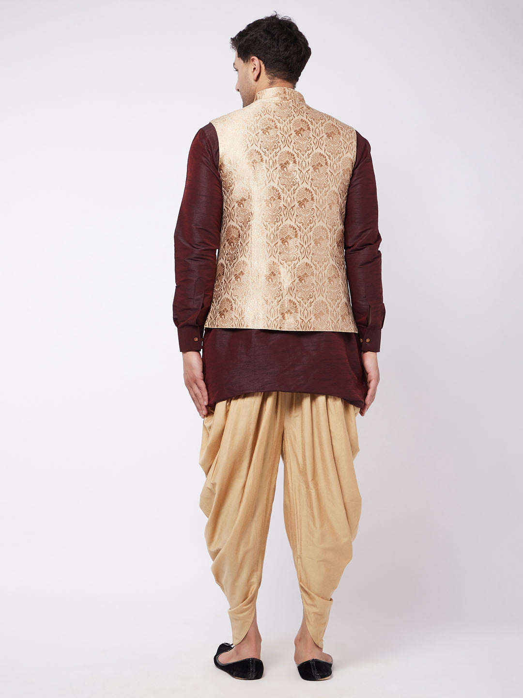 Sarvati Men's Rose Gold Jacquard Jacket With Kurta Dhoti Set