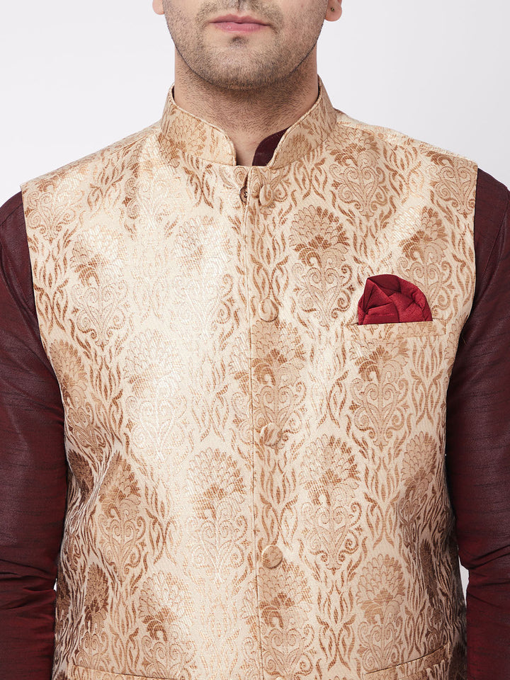 Sarvati Men's Rose Gold Jacquard Jacket With Kurta Dhoti Set