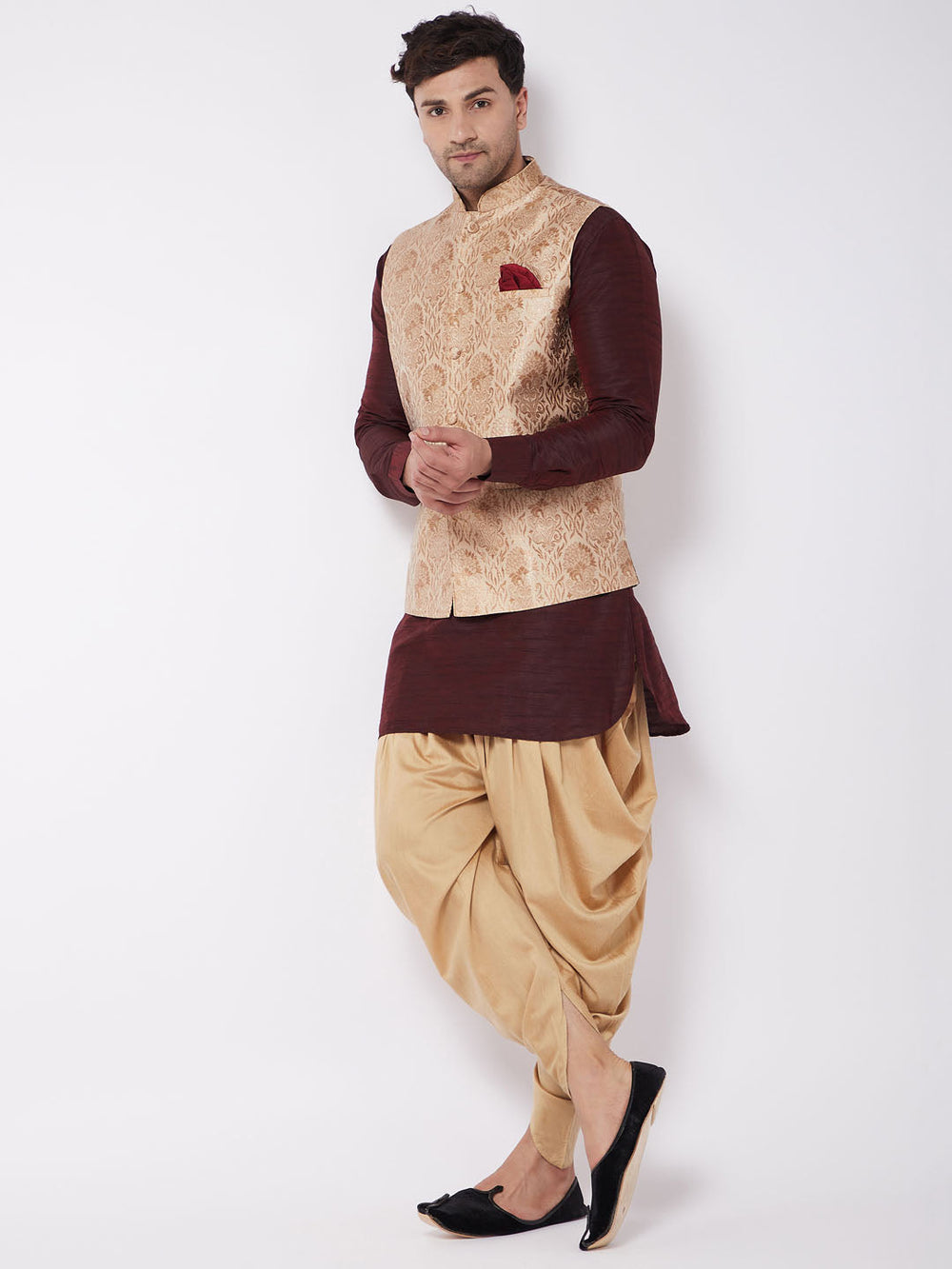 Sarvati Men's Rose Gold Jacquard Jacket With Kurta Dhoti Set