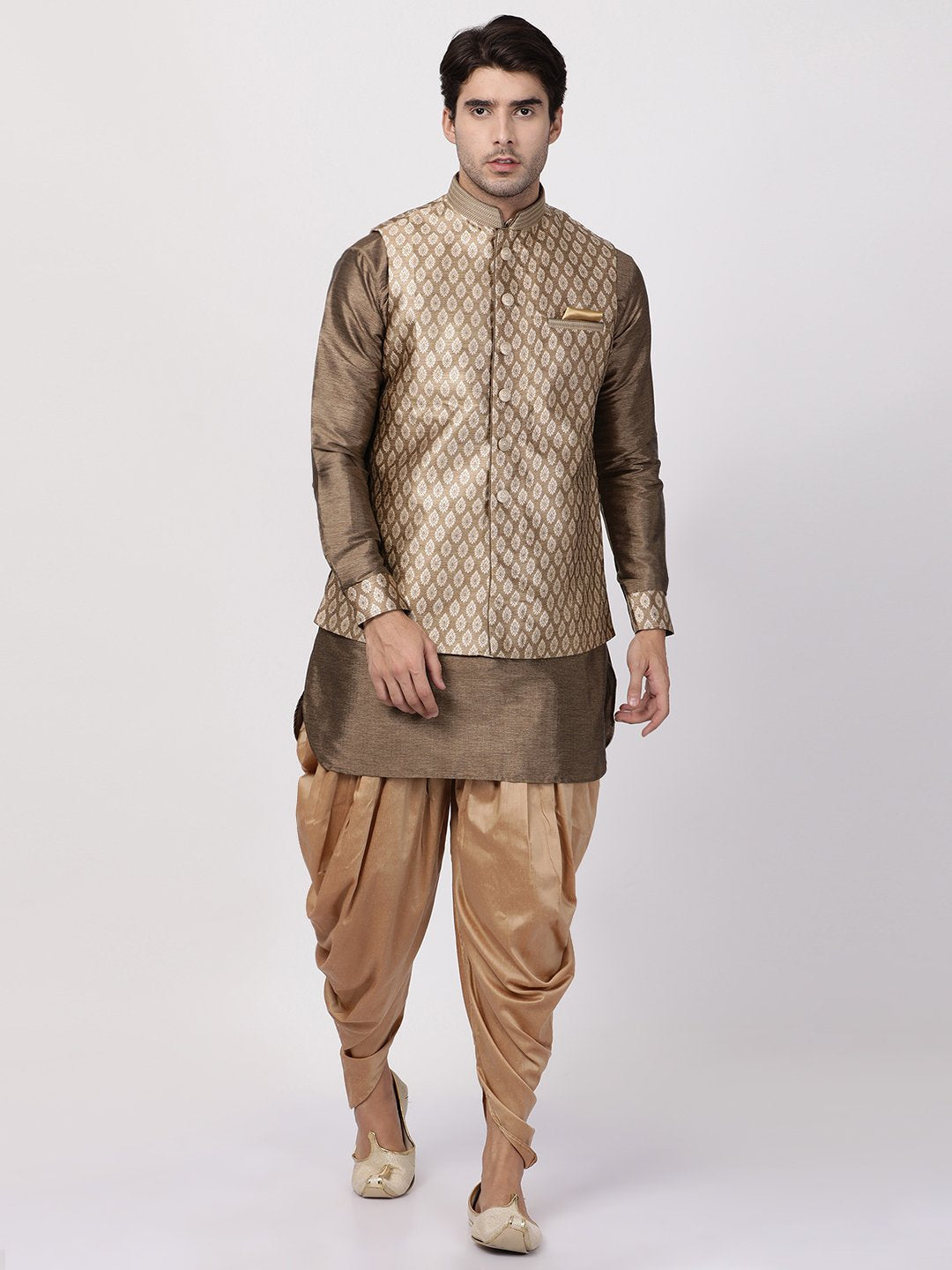 Sarvati Men's Gold Woven Nehru Jacket With Kurta Dhoti Set