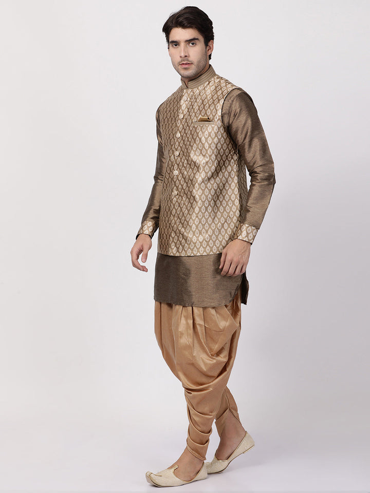 Sarvati Men's Gold Woven Nehru Jacket With Kurta Dhoti Set