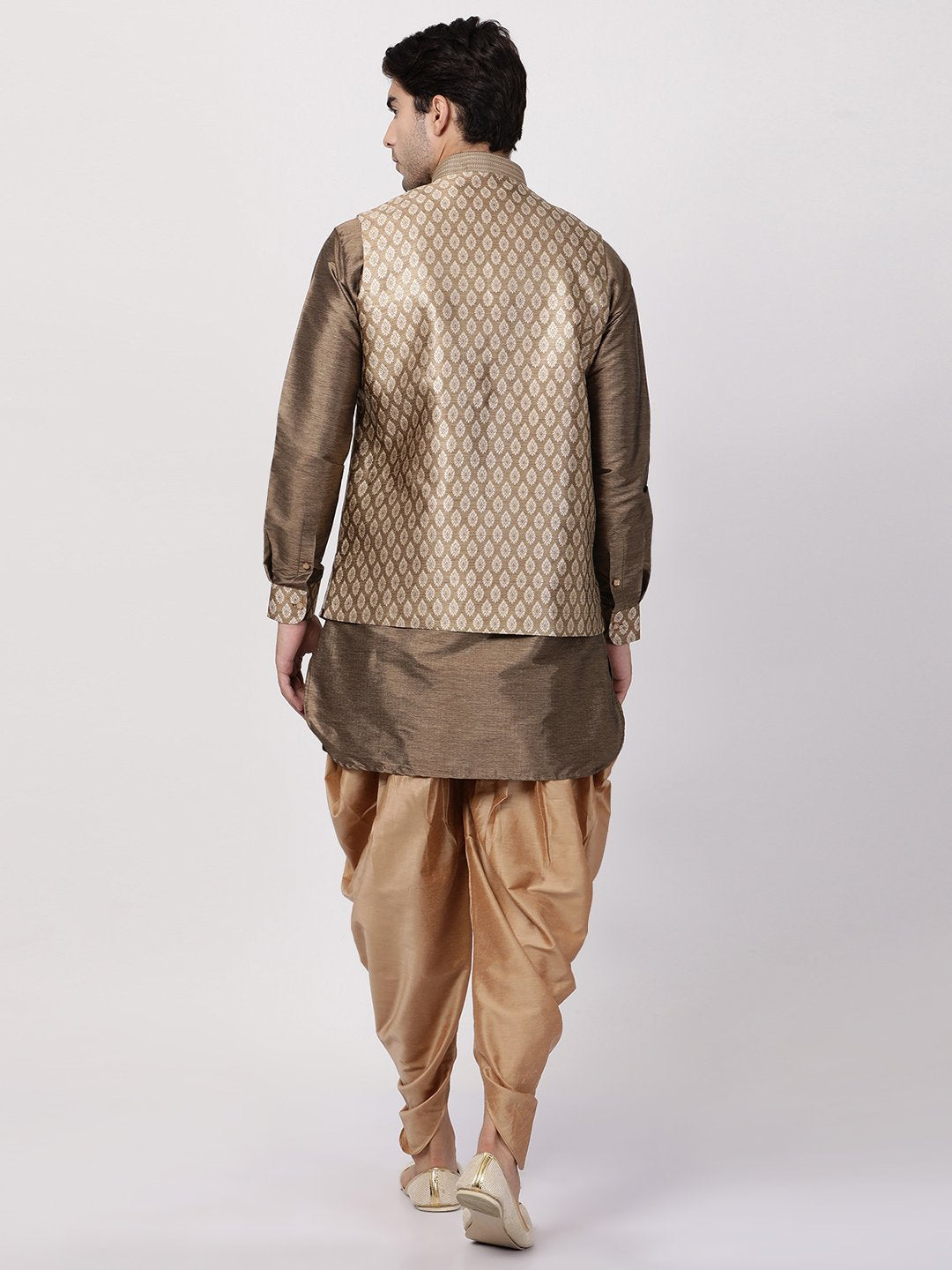 Sarvati Men's Gold Woven Nehru Jacket With Kurta Dhoti Set