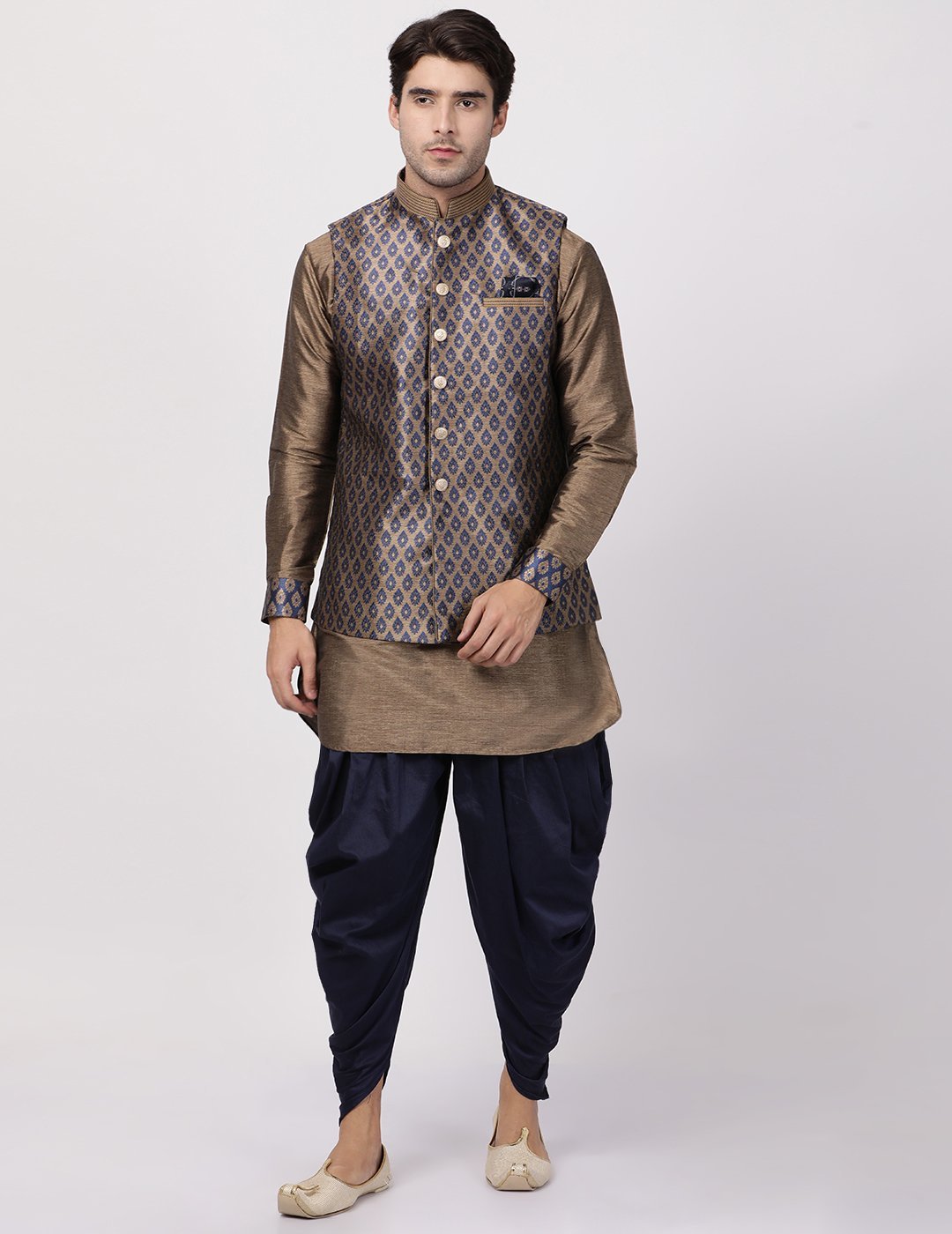 Sarvati Men's Navy Blue Woven Nehru Jacket With Kurta Dhoti Set