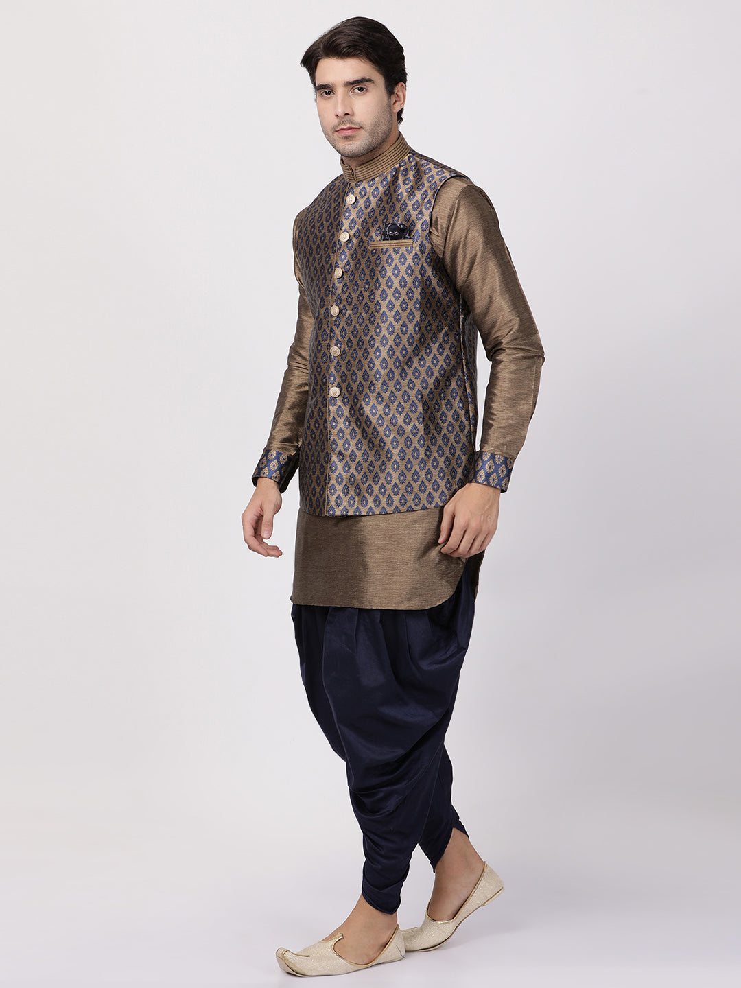 Sarvati Men's Navy Blue Woven Nehru Jacket With Kurta Dhoti Set