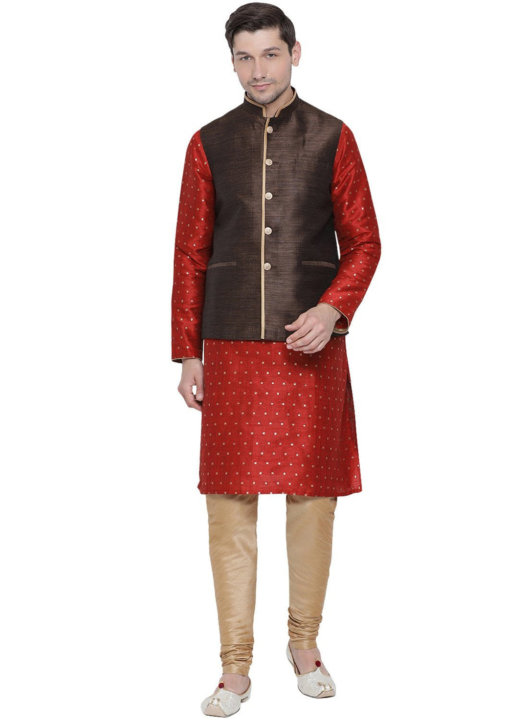 Sarvati Men's Maroon Cotton Silk Blend Kurta, Ethnic Jacket and Pyjama Set