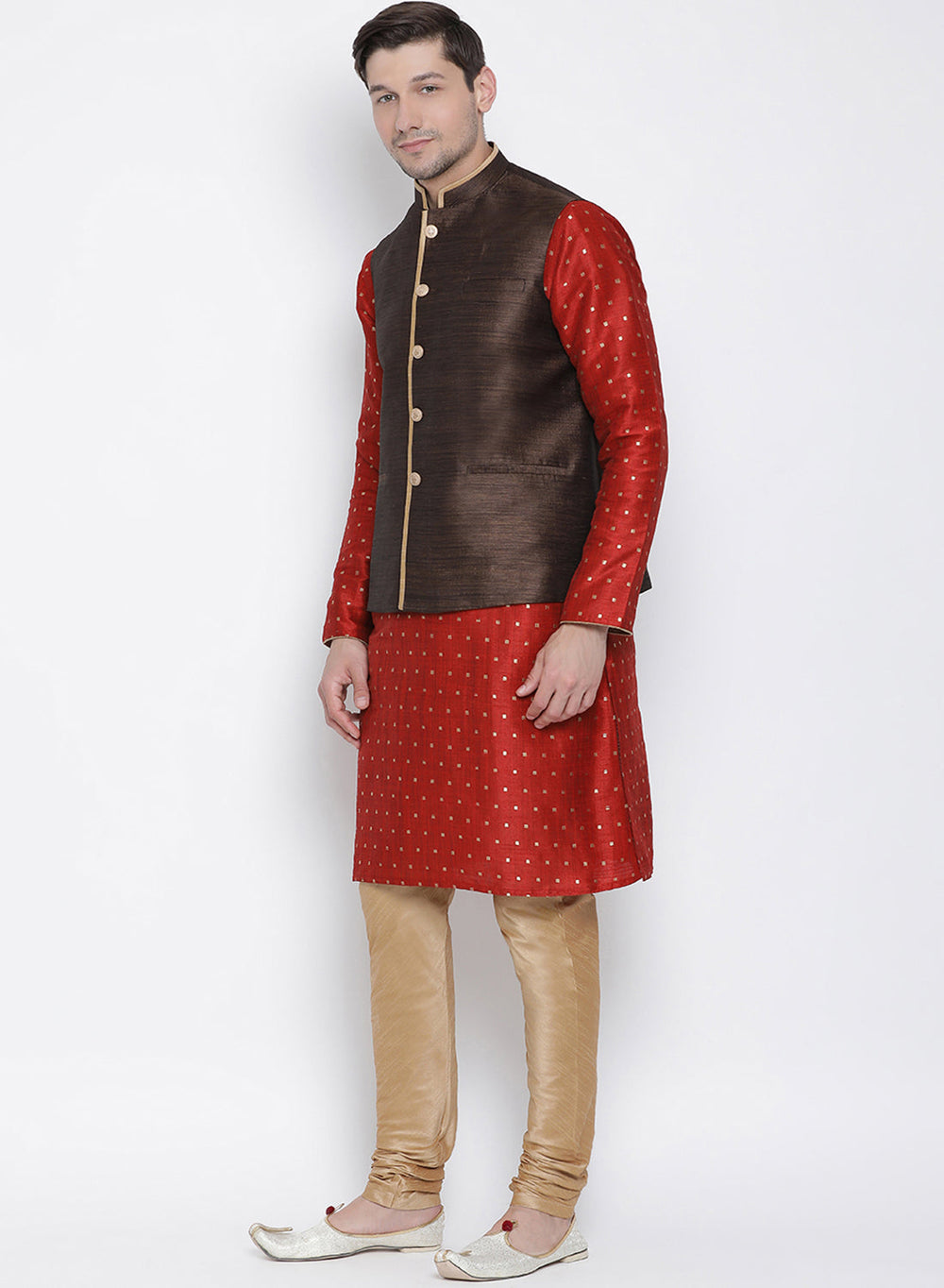 Sarvati Men's Maroon Cotton Silk Blend Kurta, Ethnic Jacket and Pyjama Set