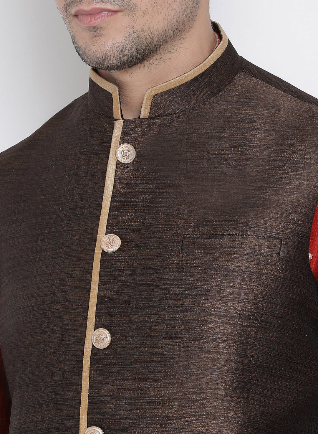 Sarvati Men's Maroon Cotton Silk Blend Kurta, Ethnic Jacket and Pyjama Set