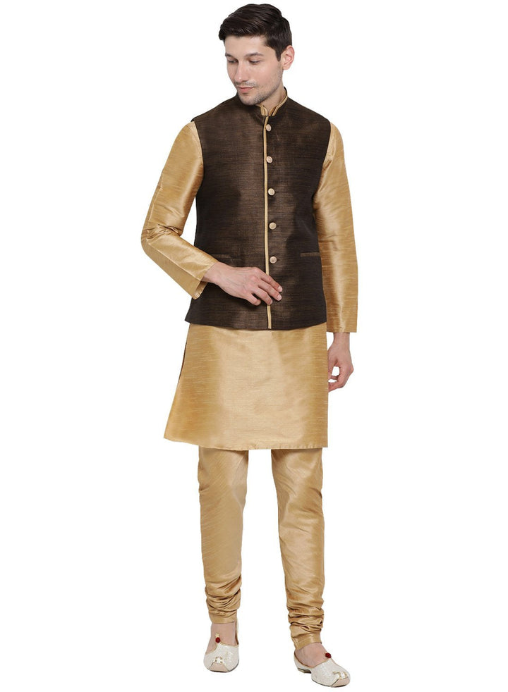 Sarvati Men's Gold Cotton Silk Blend Kurta, Ethnic Jacket and Pyjama Set