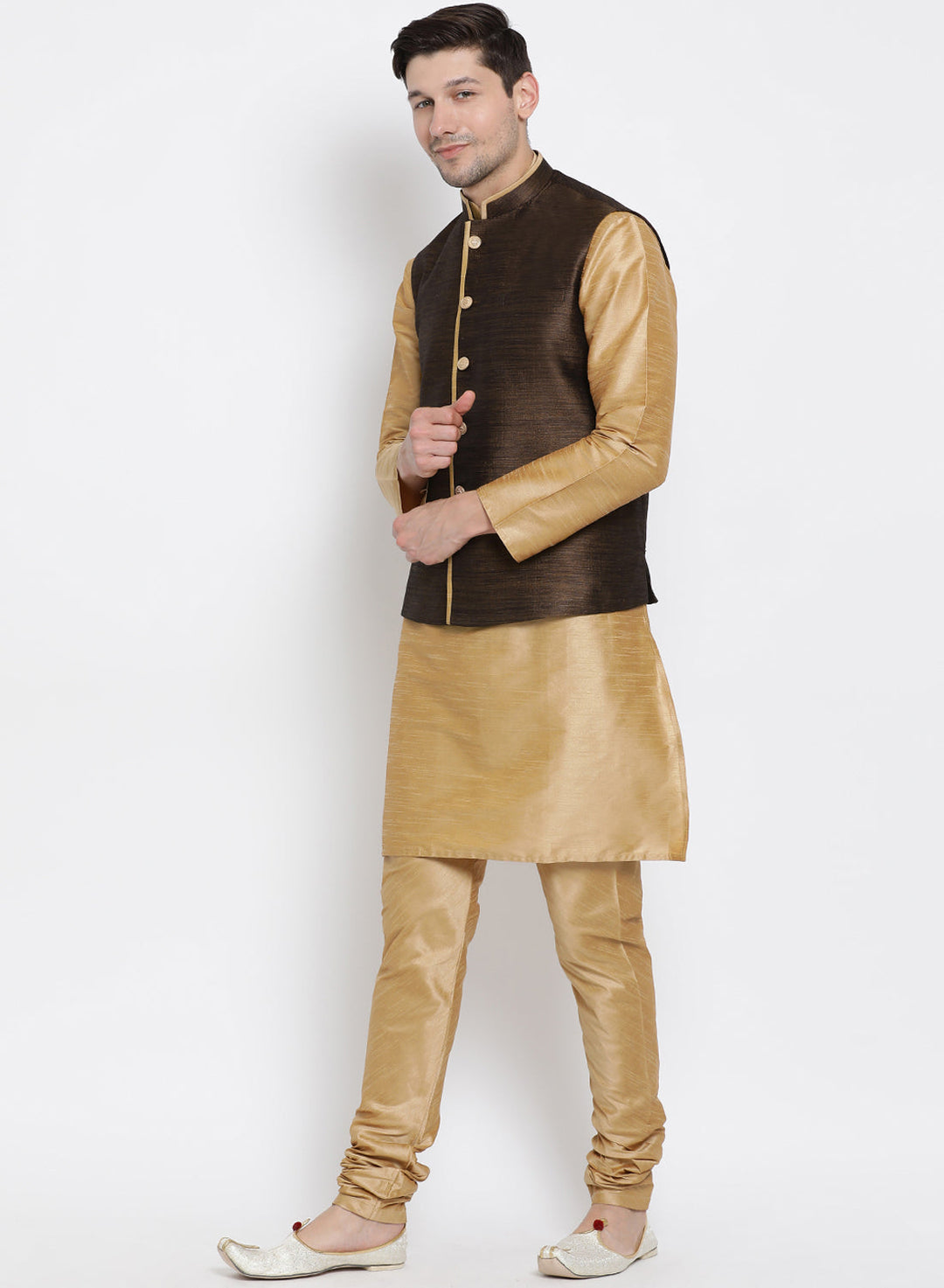 Sarvati Men's Gold Cotton Silk Blend Kurta, Ethnic Jacket and Pyjama Set