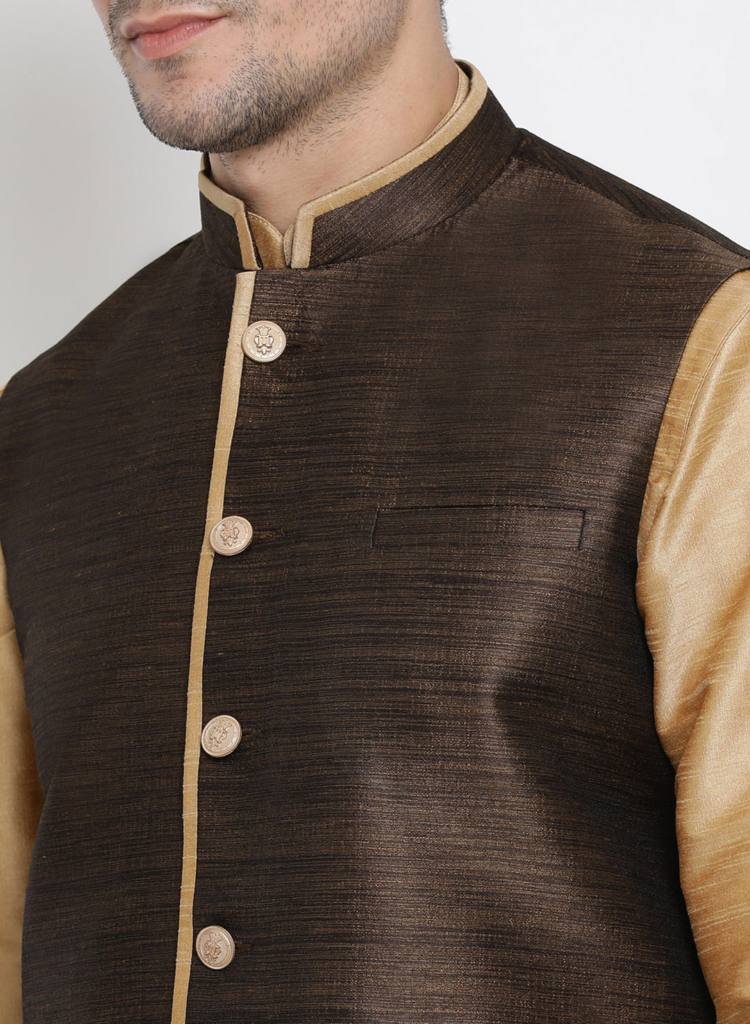 Sarvati Men's Gold Cotton Silk Blend Kurta, Ethnic Jacket and Pyjama Set