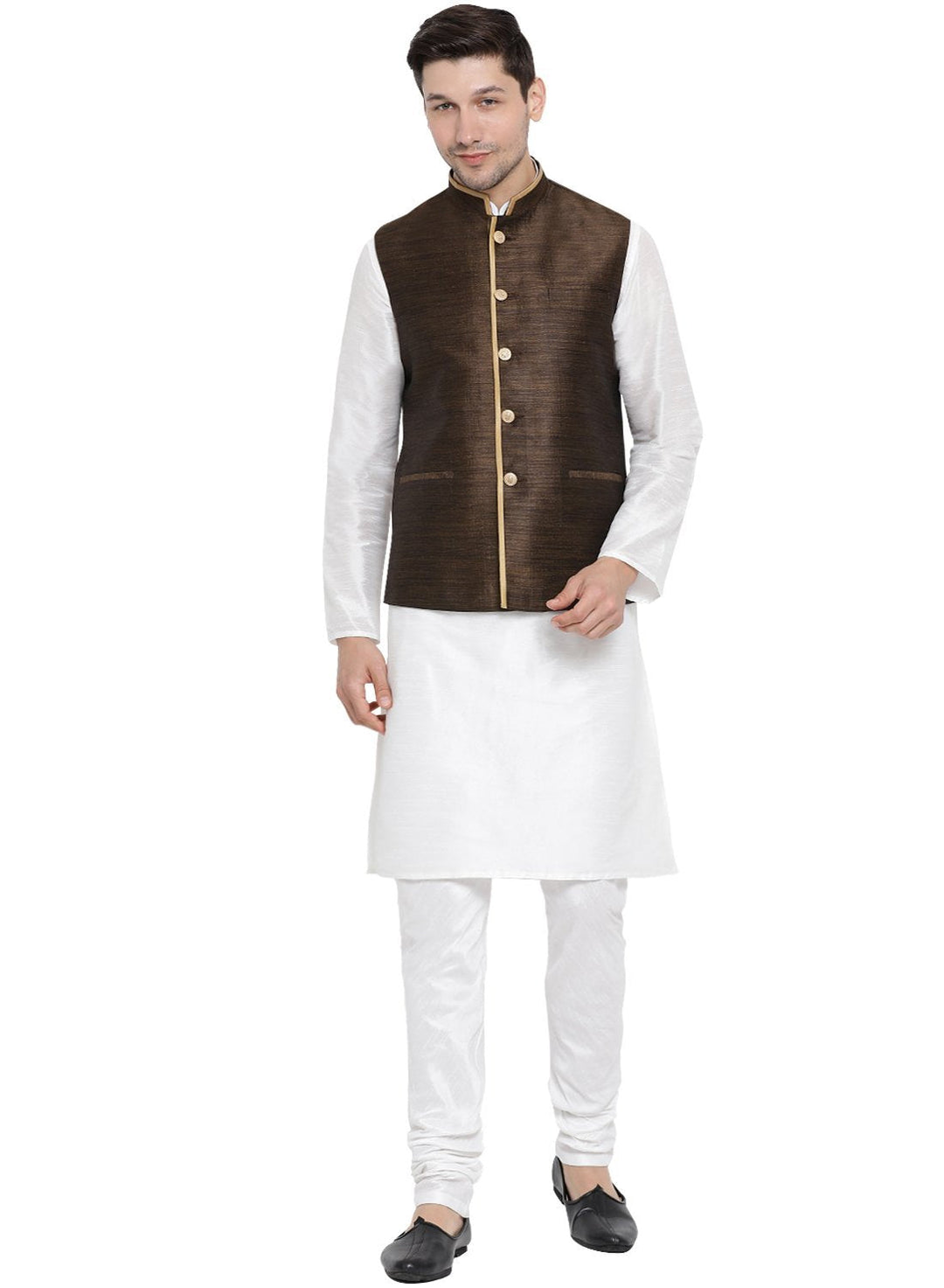 Sarvati Men's White Cotton Silk Blend Kurta, Ethnic Jacket and Pyjama Set